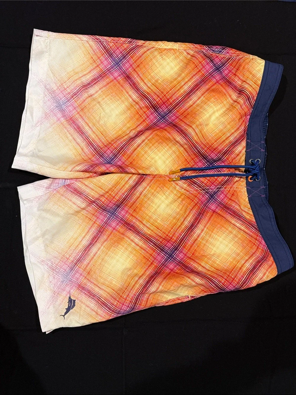 Tommy Bahama Orange, Pink & Navy Plaid Board Shorts